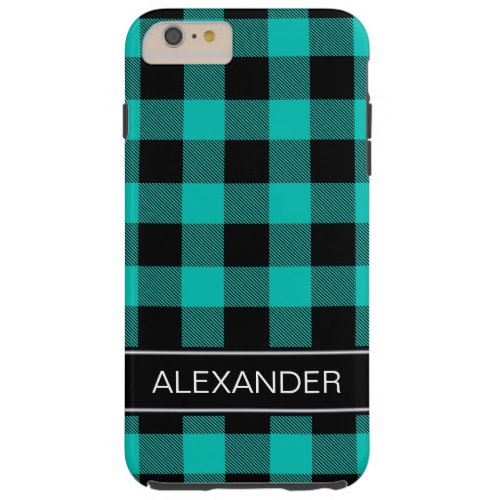 Teal Black Buffalo Check Plaid Name Monogram Tough iPhone 6 Plus Case