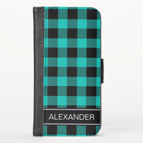 Teal Black Buffalo Check Plaid Name Monogram iPhone X Wallet Case