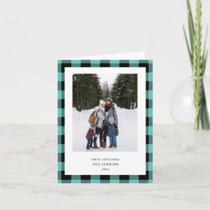 Teal Black Buffalo Plaid Border 3 Photo Christmas Holiday Card