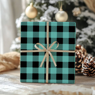 Teal Black Buffalo Plaid Gingham Lumberjack Wrapping Paper