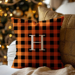 Teal Black Buffalo Plaid Monogram Holiday Throw Pillow