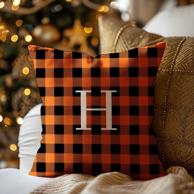 Teal Black Buffalo Plaid Monogram Holiday Throw Pillow (Creator Uploaded)