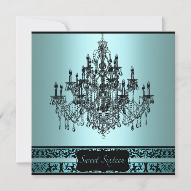 Teal Black Chandelier Sweet 16 Birthday Party Invitation (Front)