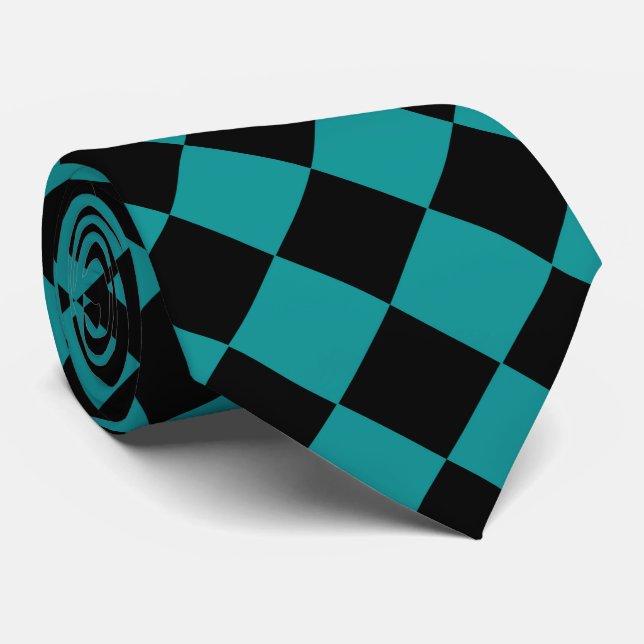 Teal Black Checker Diamond Pattern Neck Tie (Rolled)