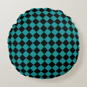 Teal Black Checker Diamond Pattern Round Pillow