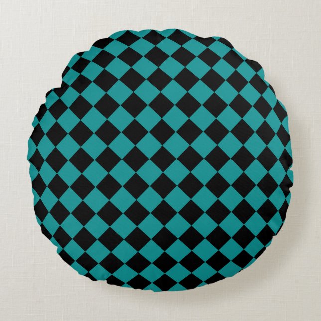 Teal Black Checker Diamond Pattern Round Pillow (Front)