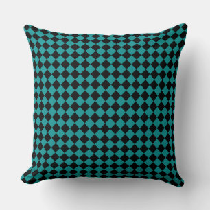 Teal Black Checker Diamond Pattern Throw Pillow