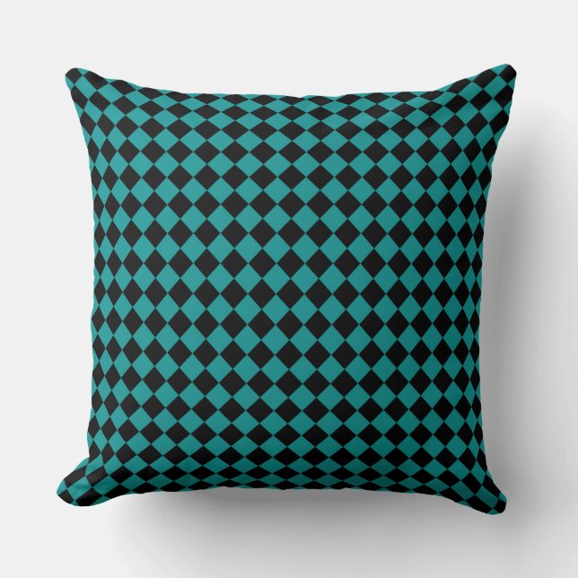 Teal Black Checker Diamond Pattern Throw Pillow (Front)