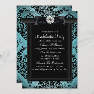 Teal & Black Chic Damask Bachelorette Party Invitation