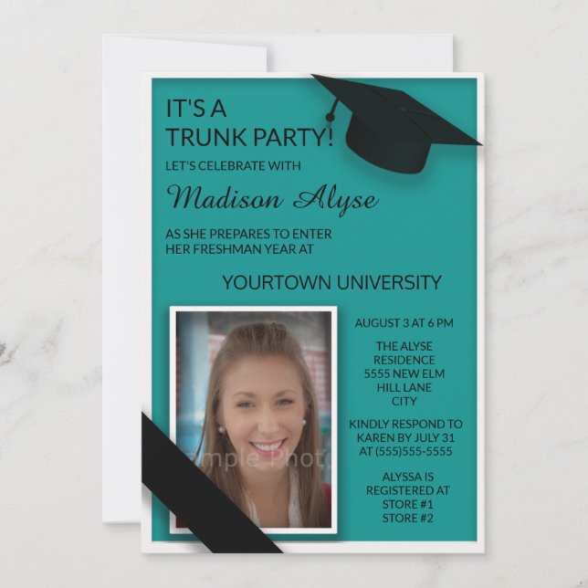 Teal Black College Trunk Party Dorm Shower Photo Invitation (Front)