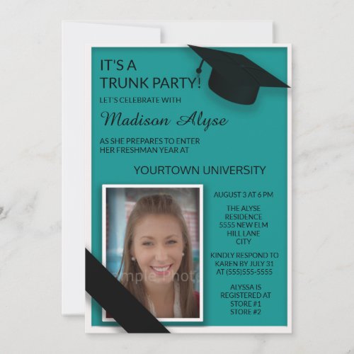 Teal Black College Trunk Party Dorm Shower Photo Invitation