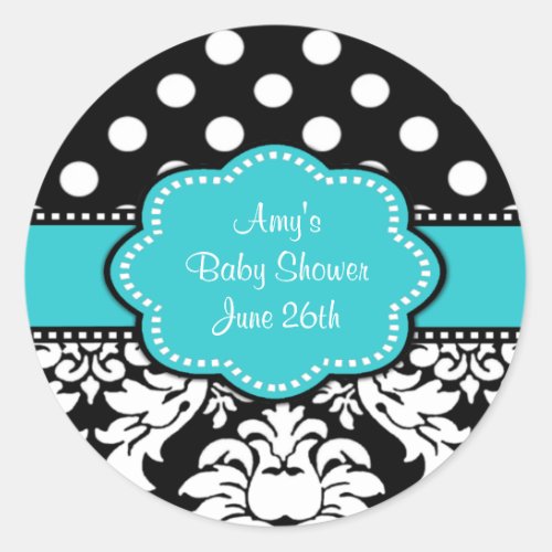 Teal Black Damask Baby Shower or Birthday Stickers