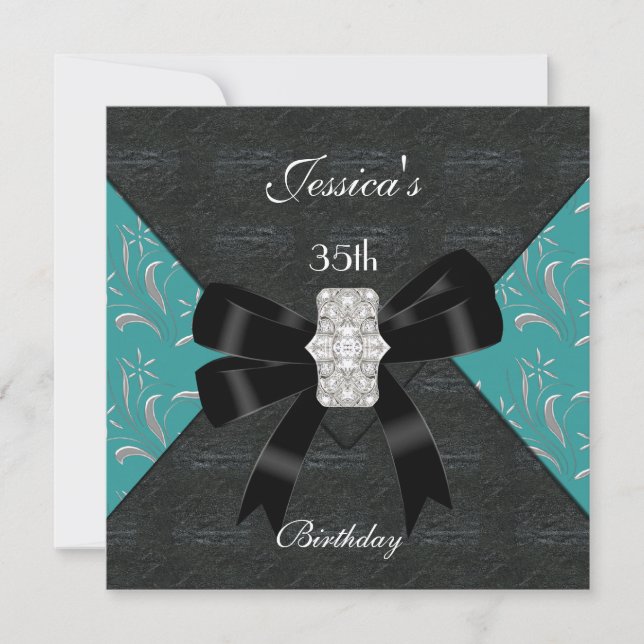 Teal Black Damask Black Invitation Silver 35th (Front)