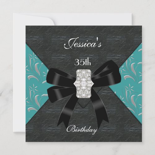 Teal Black Damask Black Invitation Silver 35th