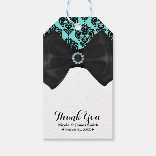 Teal  Black Damask Bling Bow Glam Sweet 16 Party Gift Tags