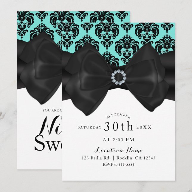 Teal & Black Damask Bow Glam Chic Sweet 16 Party Invitation (Front/Back)