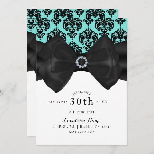 Teal  Black Damask Bow Glam Chic Sweet 16 Party Invitation