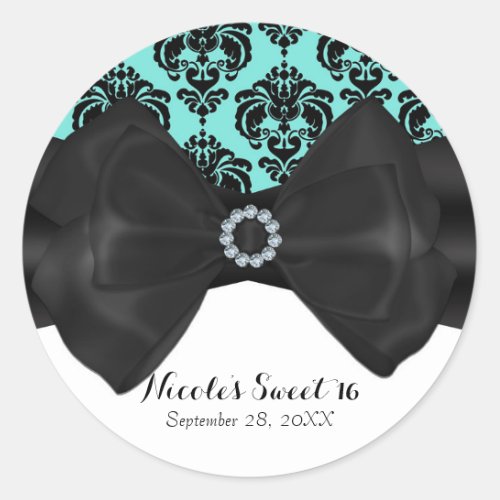 Teal  Black Damask Chic Bow Glam Sweet 16 Party Classic Round Sticker