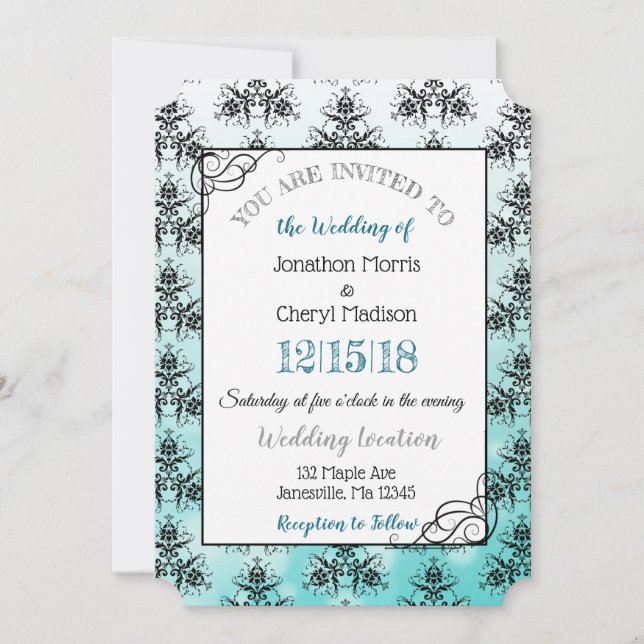 Teal  Black Damask Classy Wedding invitations (Front)