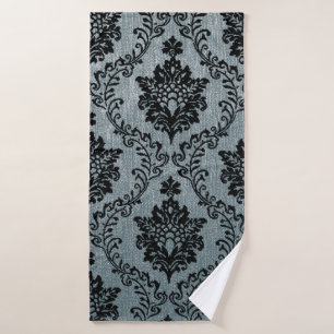 Teal black damask pattern, art nouveau pattern, vi bath towel