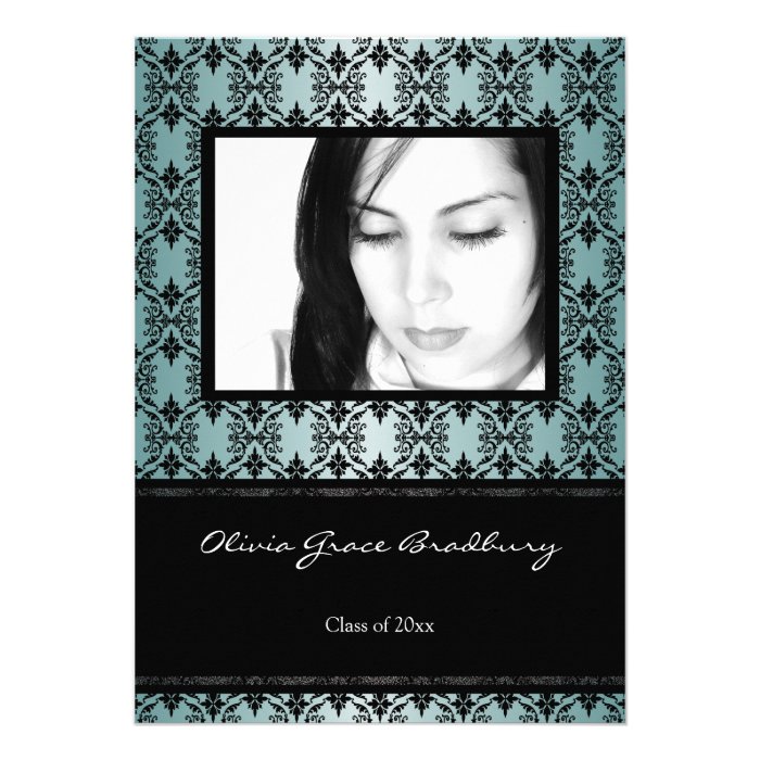 Teal Black Damask Photo Graduation Announcement