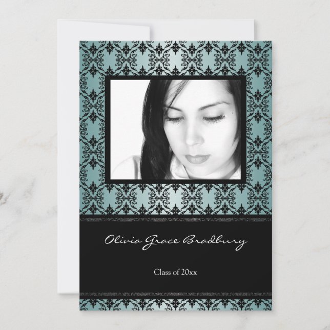 Teal Black Damask Photo Graduation Announcement (Front)
