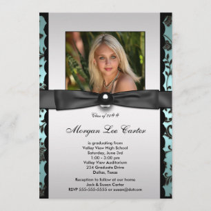 Teal Black Damask Photo Graduation Invitation