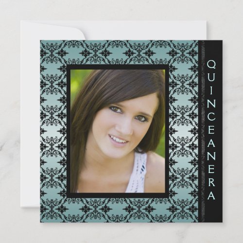 Teal Black Damask Picture Sweet 15 Quinceanera Invitation