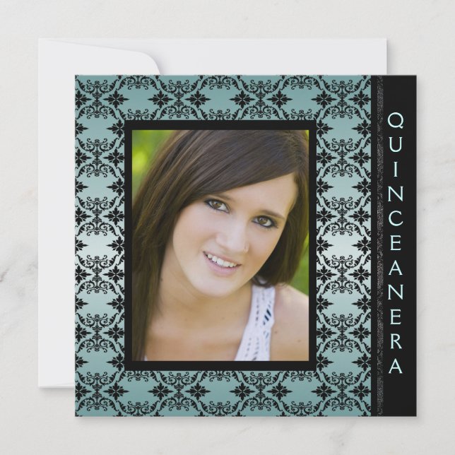 Teal Black Damask Picture Sweet 15 Quinceanera Invitation (Front)