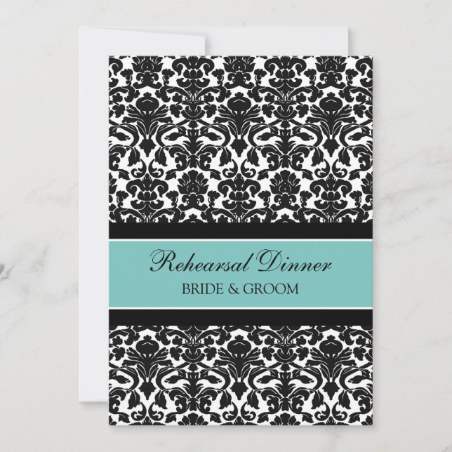 Teal Black Damask Rehearsal Dinner Party Invitation (Front)