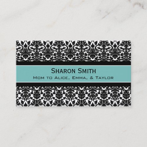 Teal Black Damask Retro Mom Calling Cards Business Card