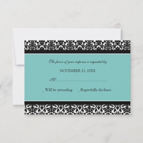 Teal Black Damask RSVP Wedding Card