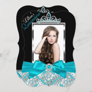 Teal Black Damask & Tiara Photo Quinceanera Invite