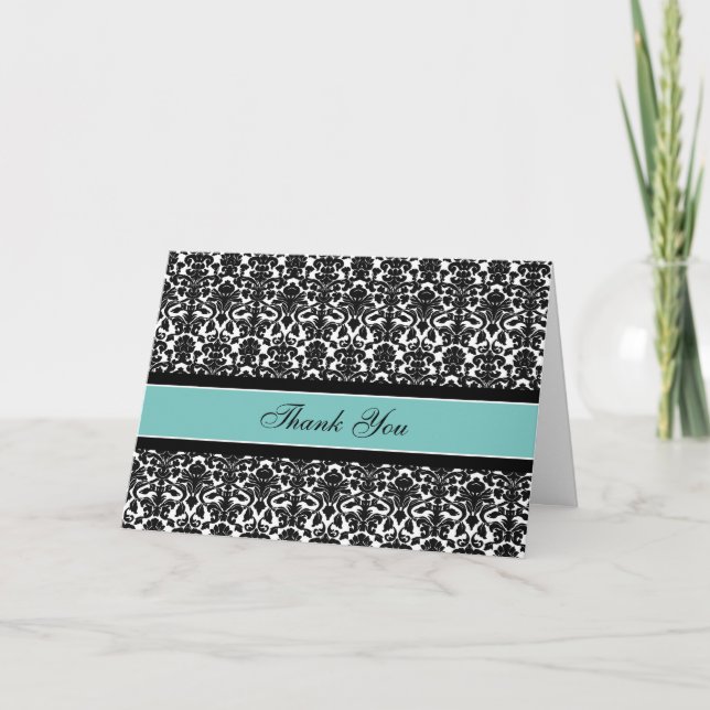 Teal Black Damask Wedding Thank You Card (Front)