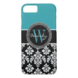 Teal, Black Damask Your Initial, Your Name iPhone 8/7 Case