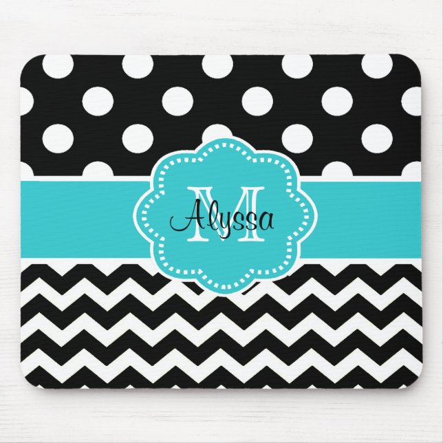 Teal Black Dots Chevron Personalized Mousepad (Front)
