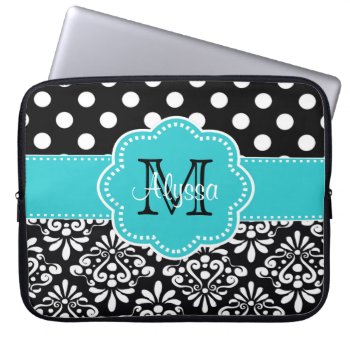 Teal Black Dots Damask Personalized Computer Case by mybabytee at Zazzle