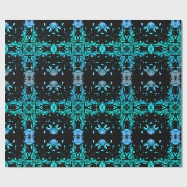 Teal & Black Electric Fractal Kaleidoscope Pattern Wrapping Paper (Flat)