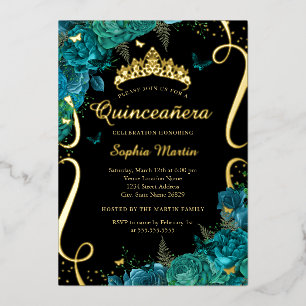Teal Black Floral Butterfly Elegant Quinceanera Foil Invitation