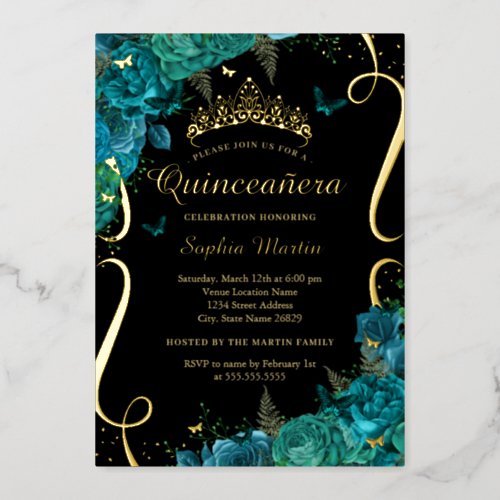 Teal Black Floral Butterfly Elegant Quinceanera  Foil Invitation