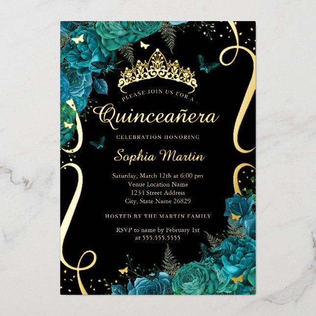 Teal Black Floral Butterfly Elegant Quinceanera  Foil Invitation (Front)