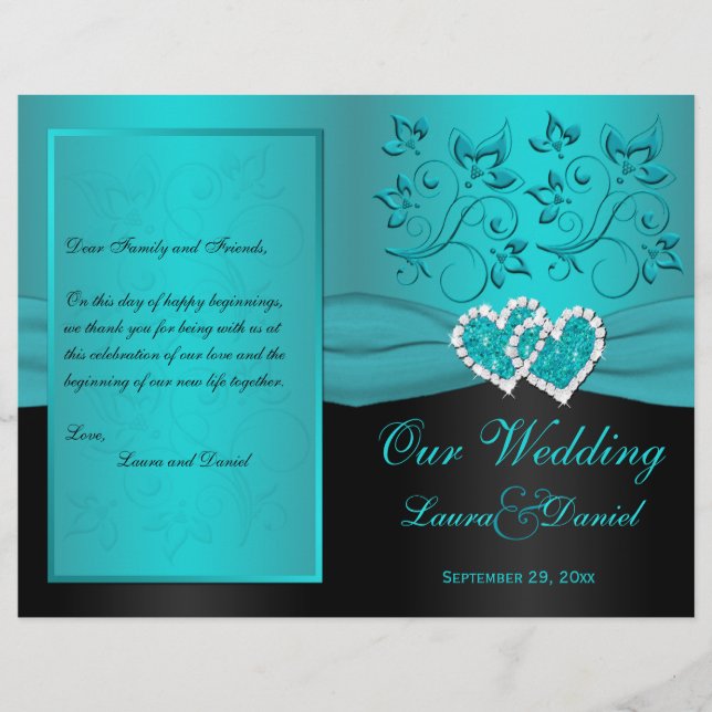 Teal, Black Floral Joined Hearts Wedding Program (Front)