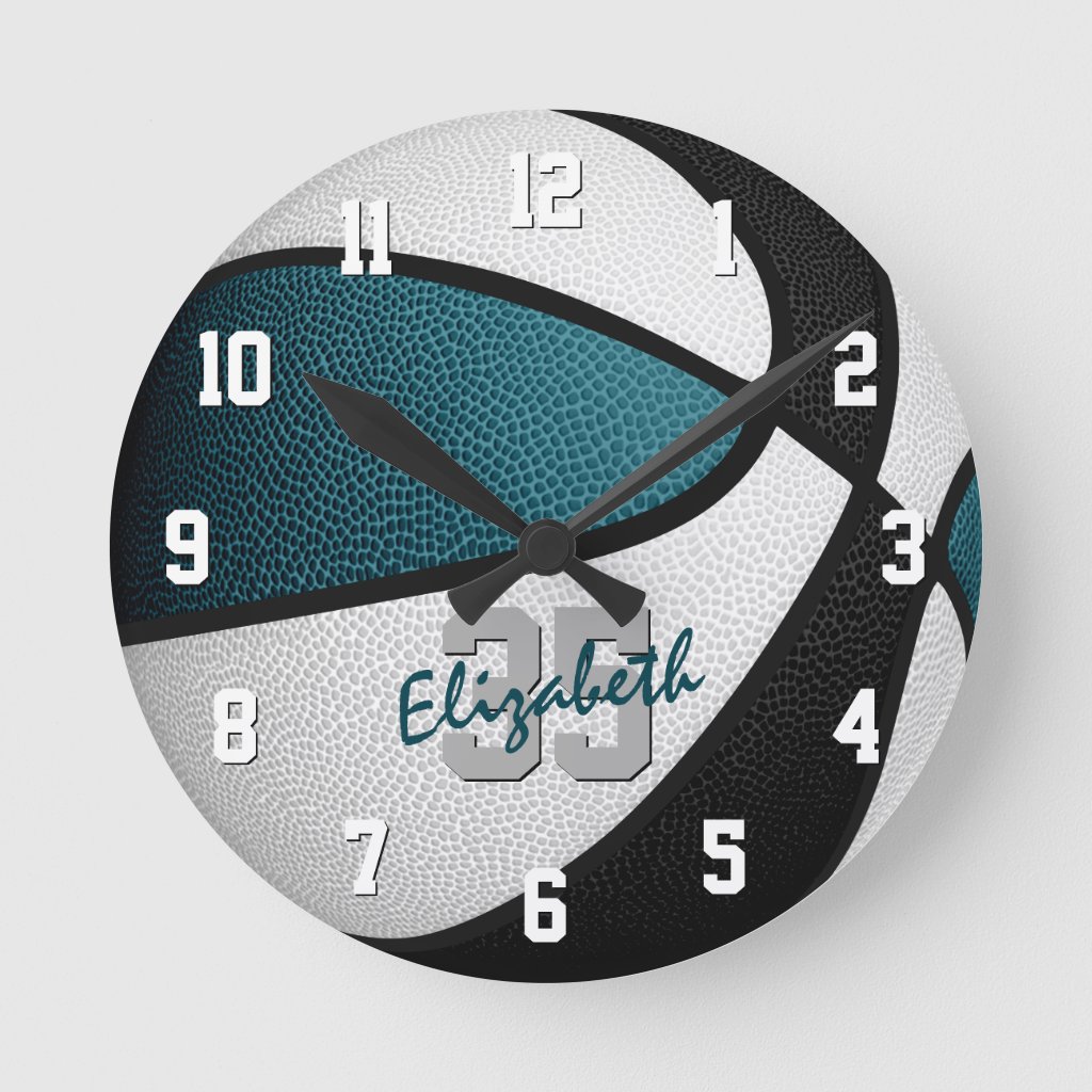 teal black girls boys basketball personalized round clock