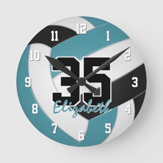 teal black girls boys personalized volleyball round clock