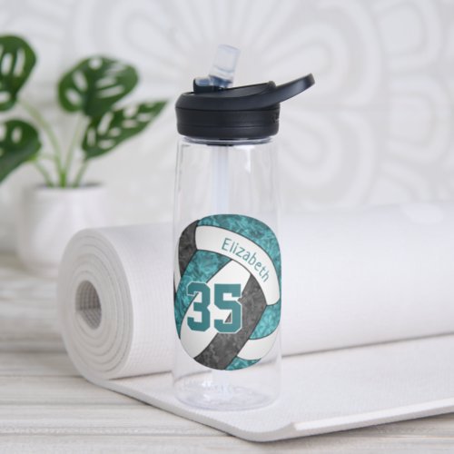 Teal black girly volleyball team colors  water bottle