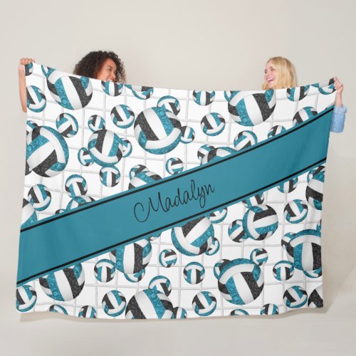 Teal black girly volleyballs pattern net accent fleece blanket