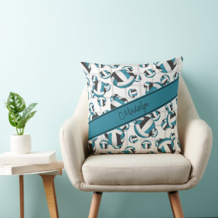 Teal black girly volleyballs pattern net accent throw pillow