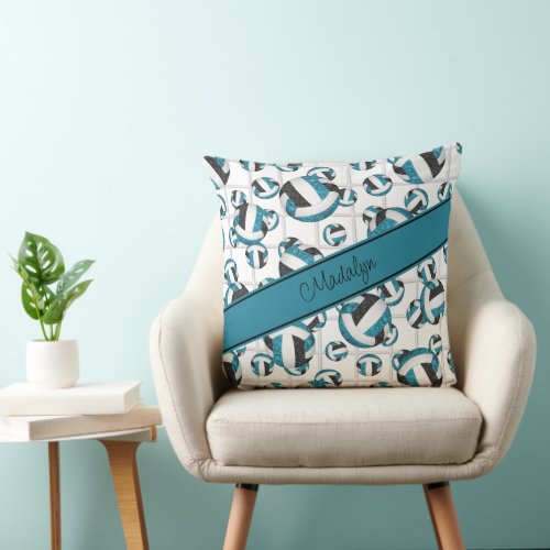 Teal black girly volleyballs pattern net accent throw pillow