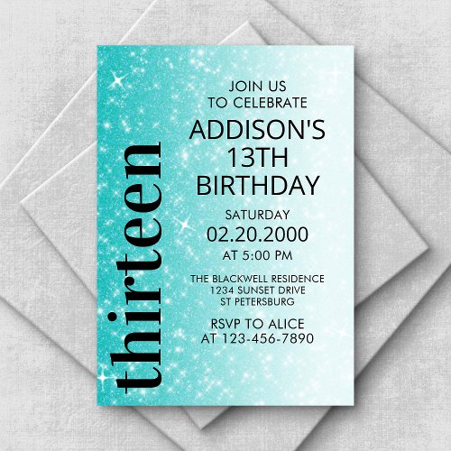 Teal Black Glitter Birthday Invitation
