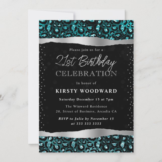 Teal & Black Glitter Leopard Spots 21st Birthday Invitation (Front)